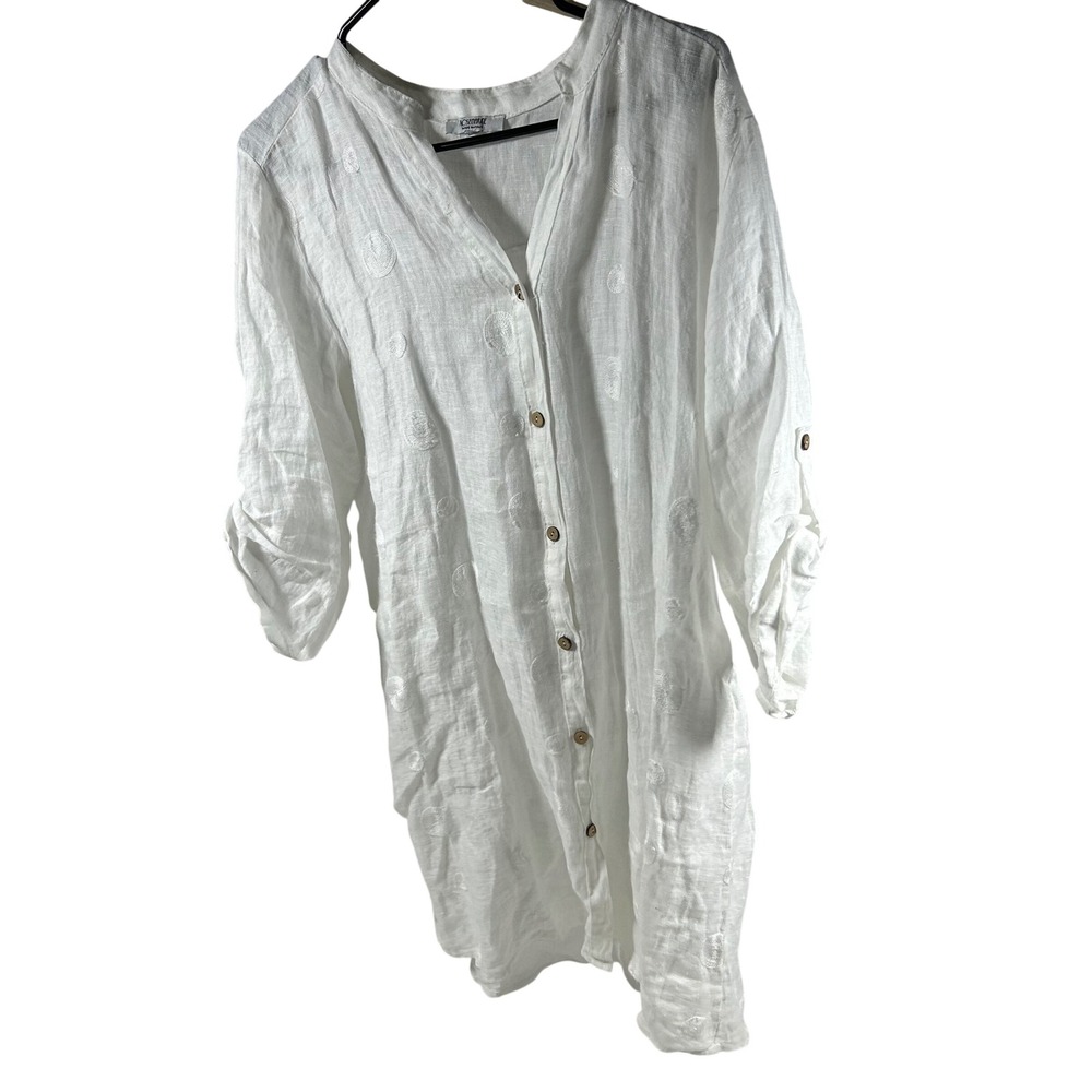 Rosemarie Button Down Tunic Women M White Linen Embroidered Dot Roll Tab Italy